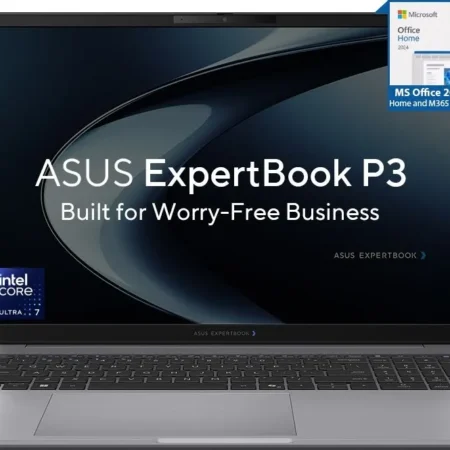 ASUS ExpertBook P3 laptop shown open with display and keyboard visible